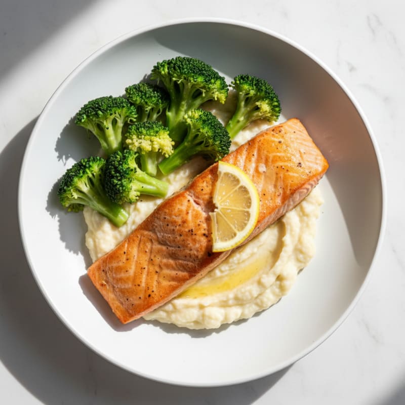 Seared Salmon with Steamed Broccoli and Garlic Cauliflower Mash