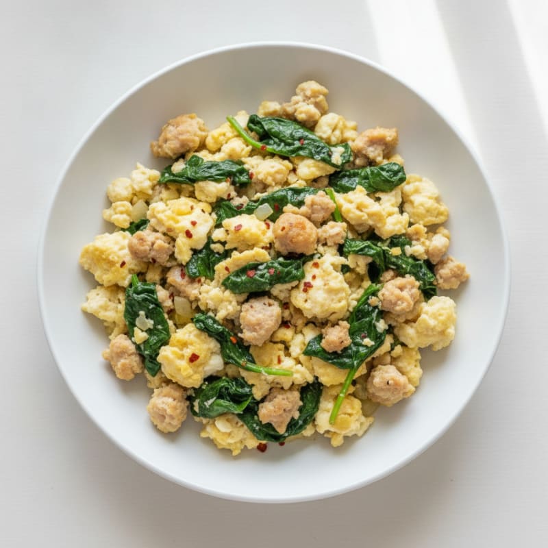 Egg White Scramble with Turkey Sausage and Sautéed Spinach