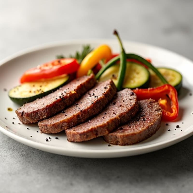 Seared Lean Beef Strips with Roasted Zucchini and Bell Peppers