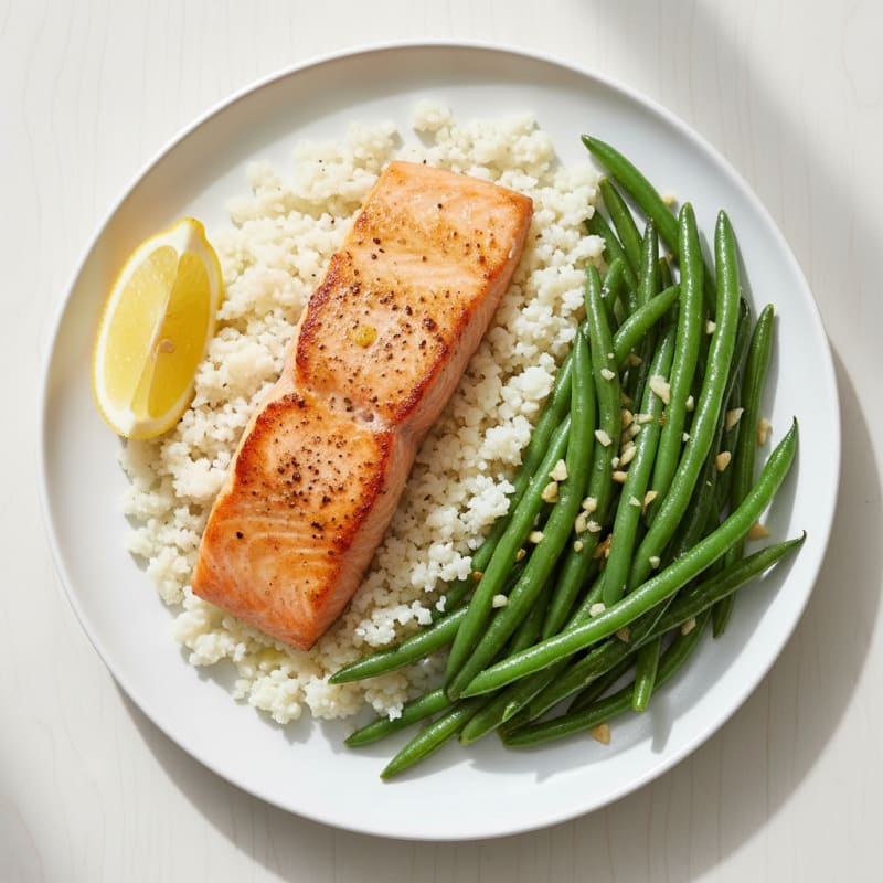Seared Salmon with Garlic Green Beans and Cauliflower Rice