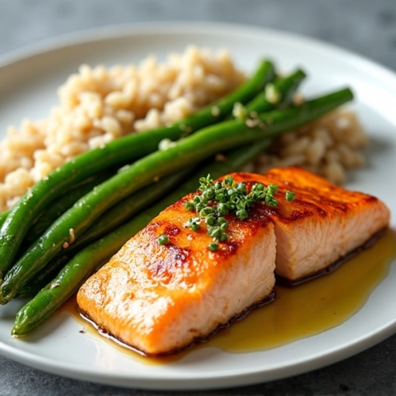 Seared Salmon Fillet with Garlic Green Beans and Brown Rice