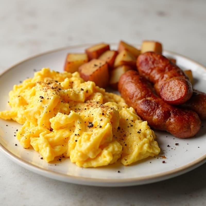 Scrambled Eggs with Crispy Bacon and Roasted Potatoes