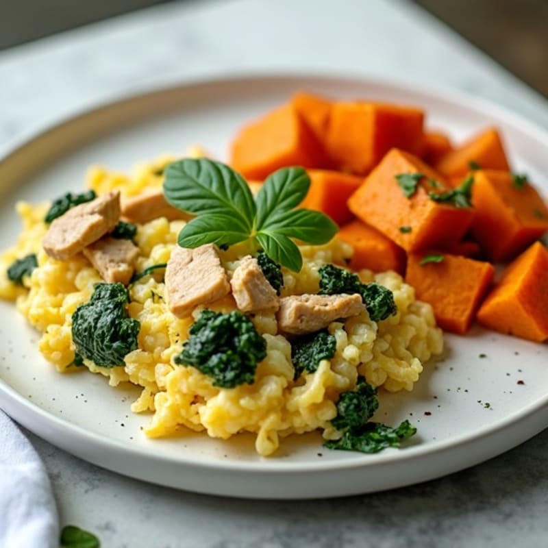 Egg White and Turkey Spinach Scramble with Roasted Sweet Potato