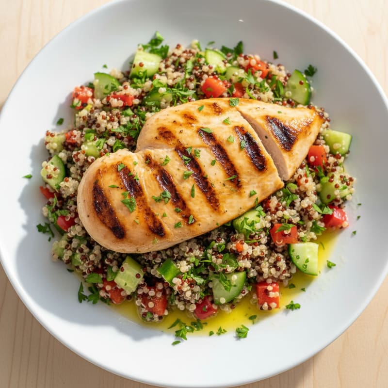 Grilled Chicken Breast with Crunchy Quinoa Salad and Lemon Vinaigrette