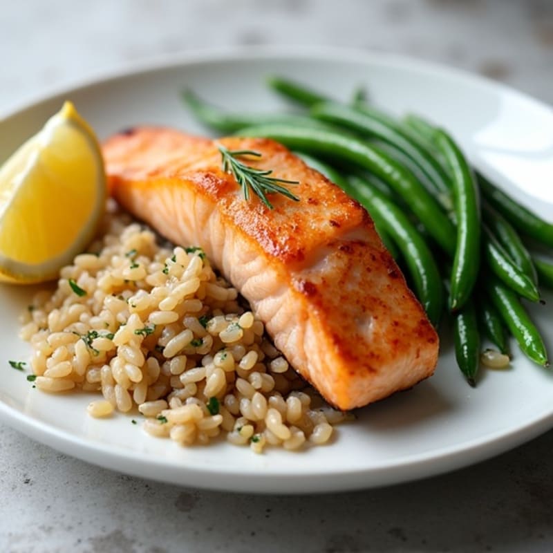 Seared Salmon with Garlic Green Beans and Brown Rice