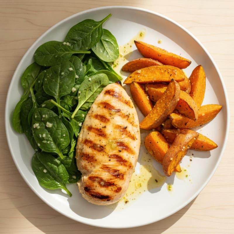 Grilled Chicken Breast with Roasted Sweet Potato Wedges and Spinach Salad