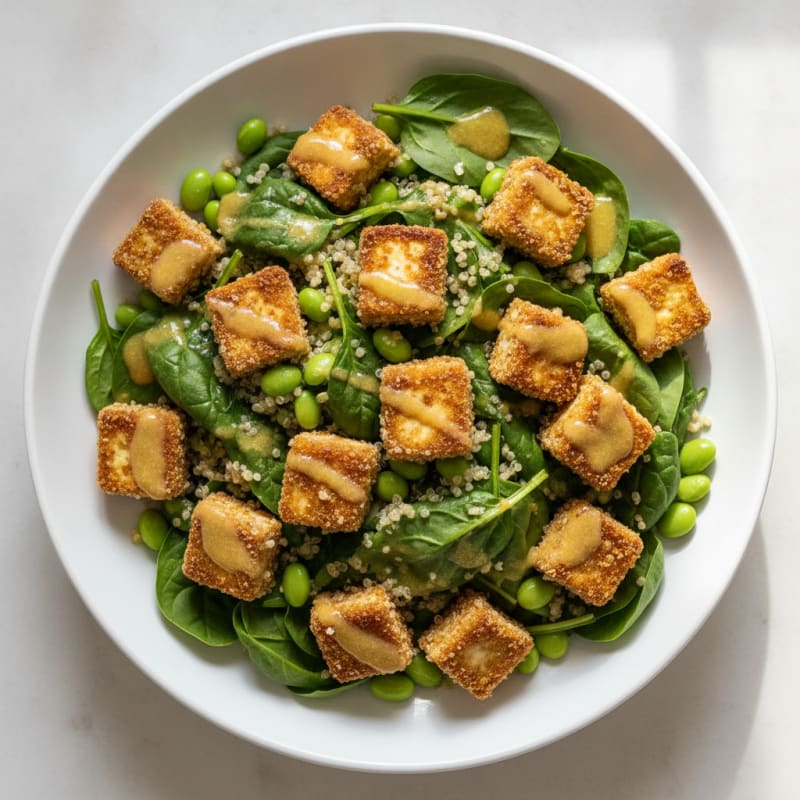 Crispy Tofu and Quinoa Power Salad with Edamame