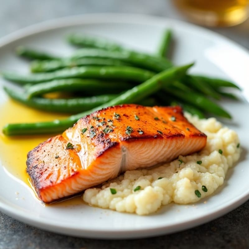 Seared Salmon with Steamed Green Beans and Cauliflower Mash