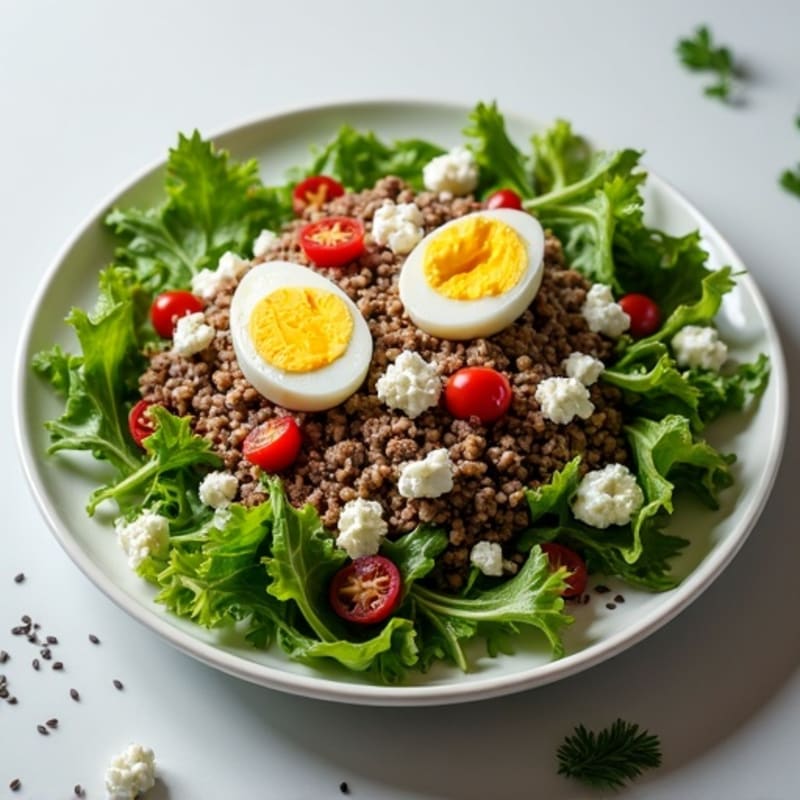 Ground Beef and Mixed Greens Salad with Feta Cheese