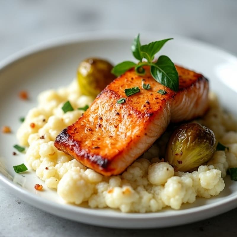 Seared Salmon with Roasted Brussels Sprouts and Cauliflower Mash