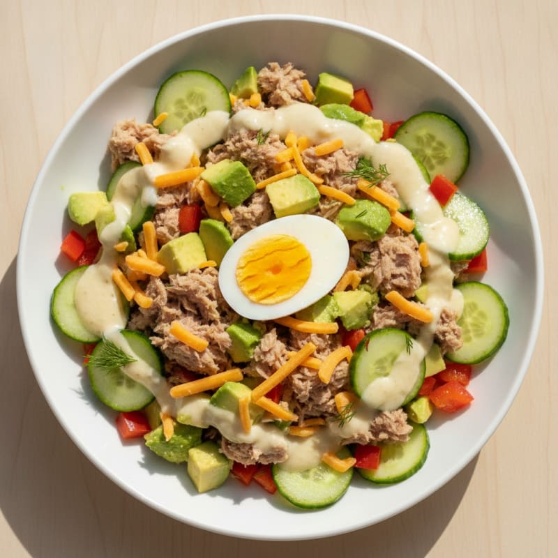 Tuna and Avocado Crunch Salad with Shredded Cheese
