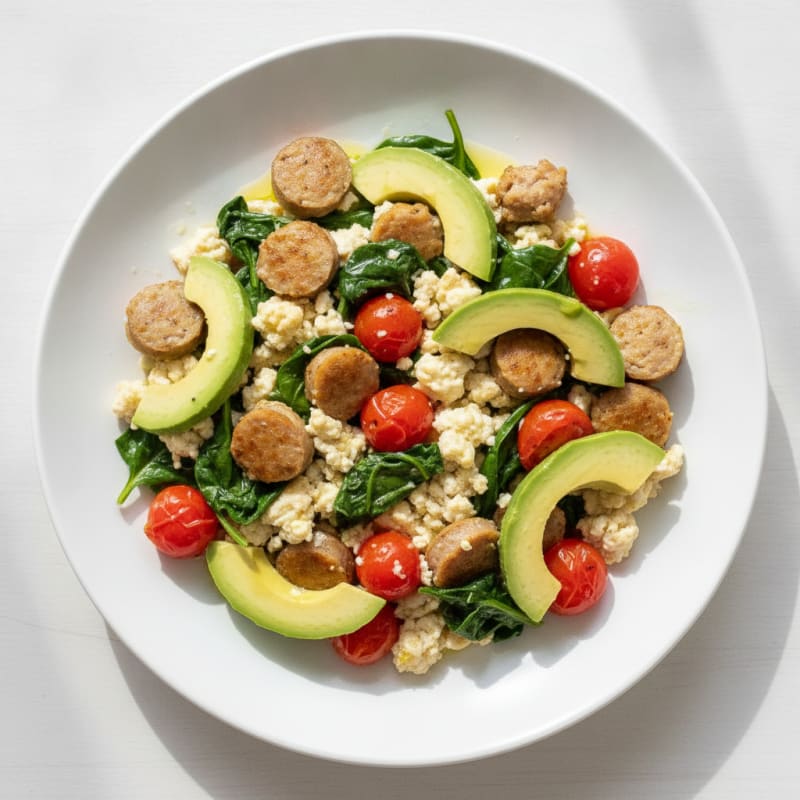 Egg White and Turkey Sausage Scramble with Spinach and Tomatoes