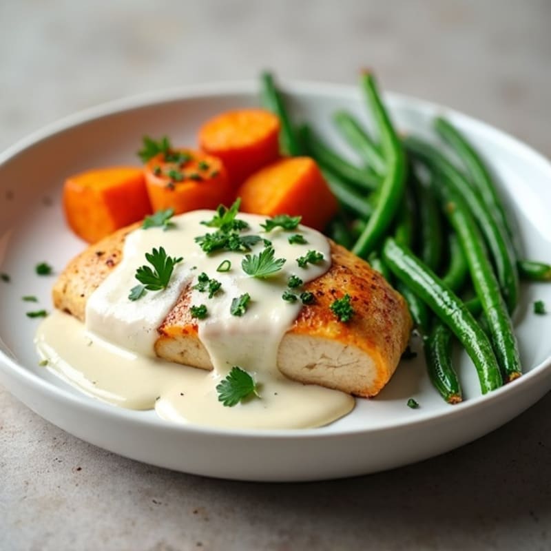 Creamy Garlic Herb Chicken with Roasted Sweet Potatoes and Crispy Green Beans