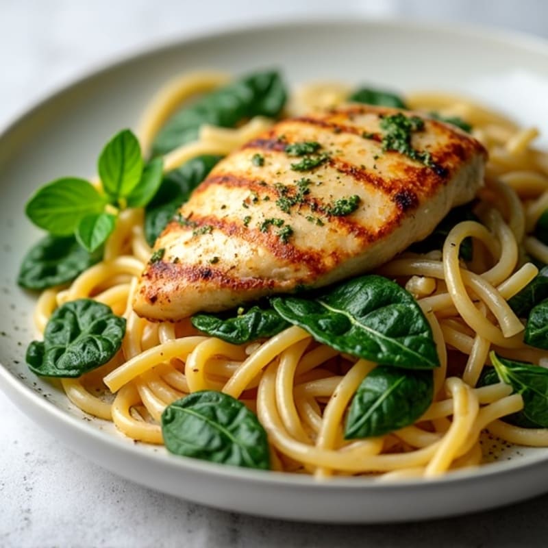 Chicken Pesto Whole Wheat Pasta with Wilted Spinach