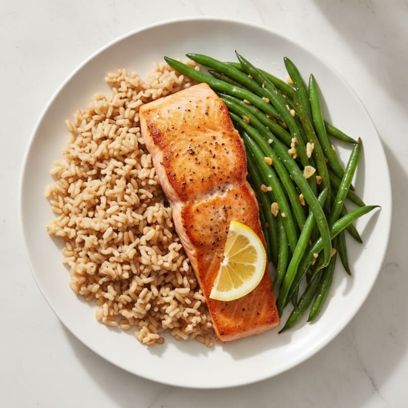 Seared Salmon with Garlic Green Beans and Brown Rice