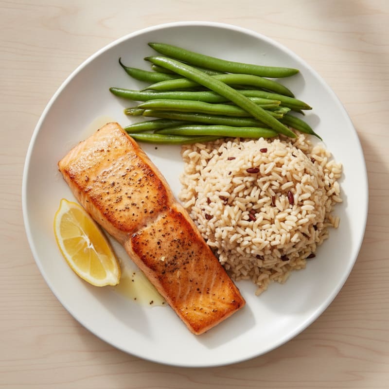 Seared Salmon with Steamed Green Beans and Brown Rice