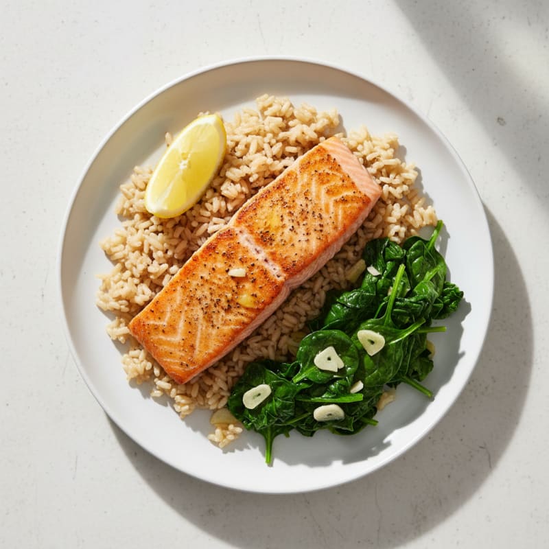 Seared Salmon with Garlic Sautéed Spinach and Brown Rice