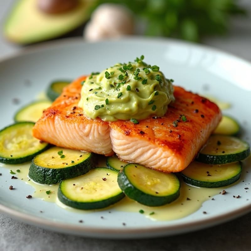 Roasted Salmon with Zucchini and Creamy Avocado