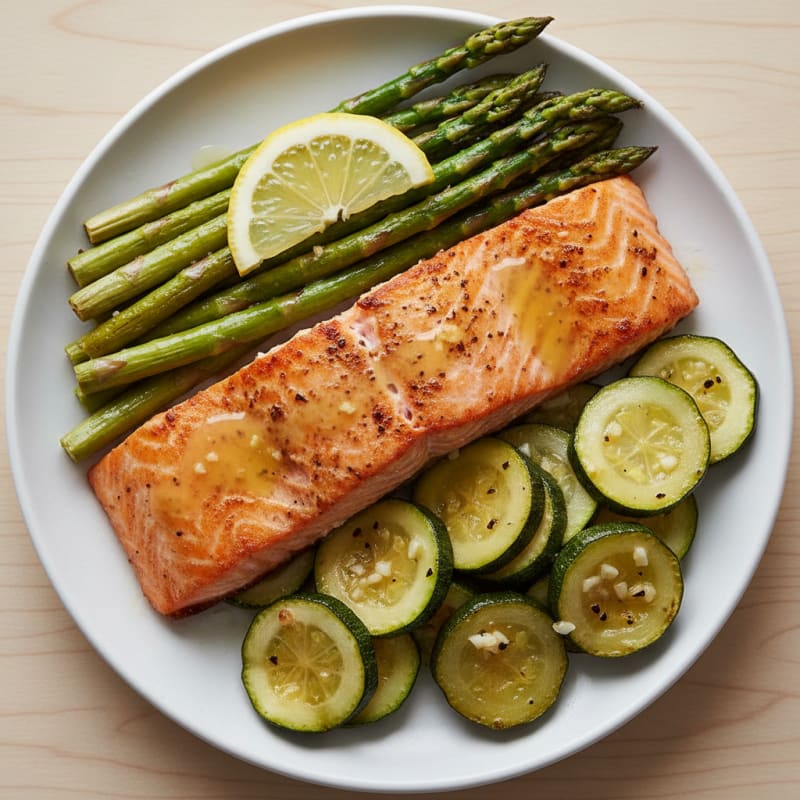 Pan-Seared Salmon with Roasted Asparagus and Garlic Zucchini