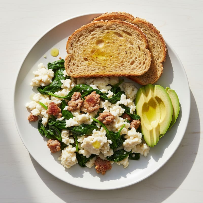 Egg White and Turkey Sausage Scramble with Sautéed Spinach