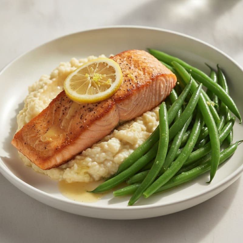 Seared Salmon with Steamed Green Beans and Cauliflower Mash