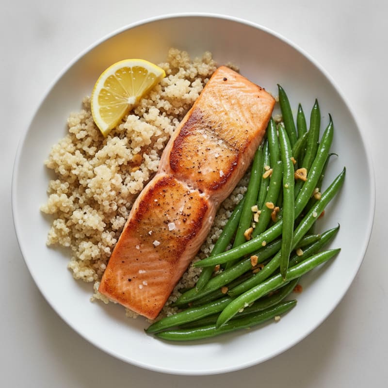 Seared Salmon with Steamed Quinoa and Garlic Green Beans