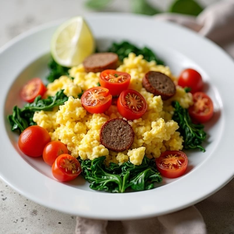 Egg White and Turkey Sausage Scramble with Spinach and Cherry Tomatoes