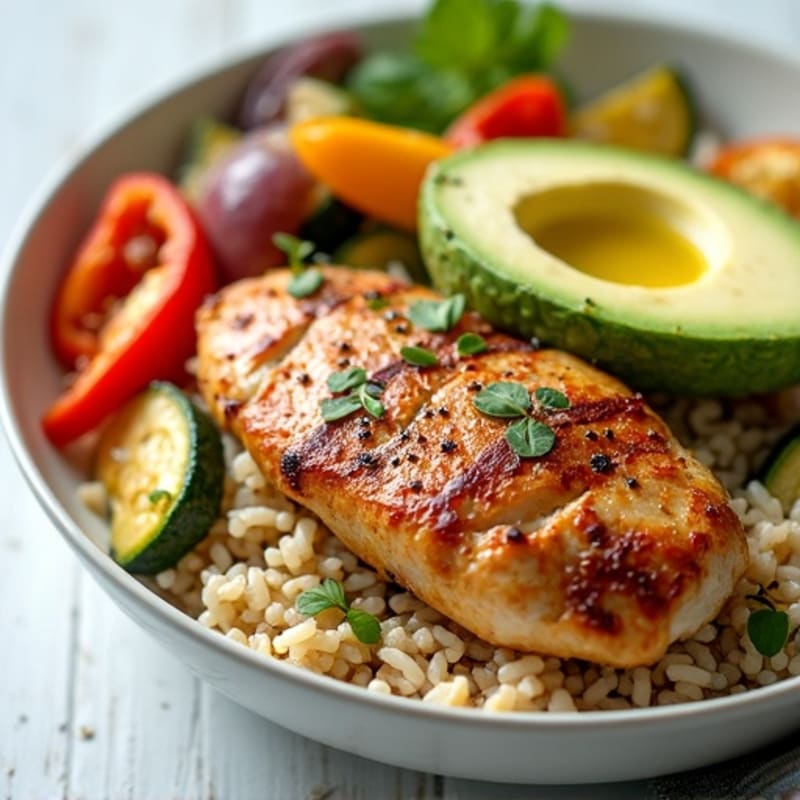 Grilled Chicken Rice Bowl with Roasted Vegetables and Avocado