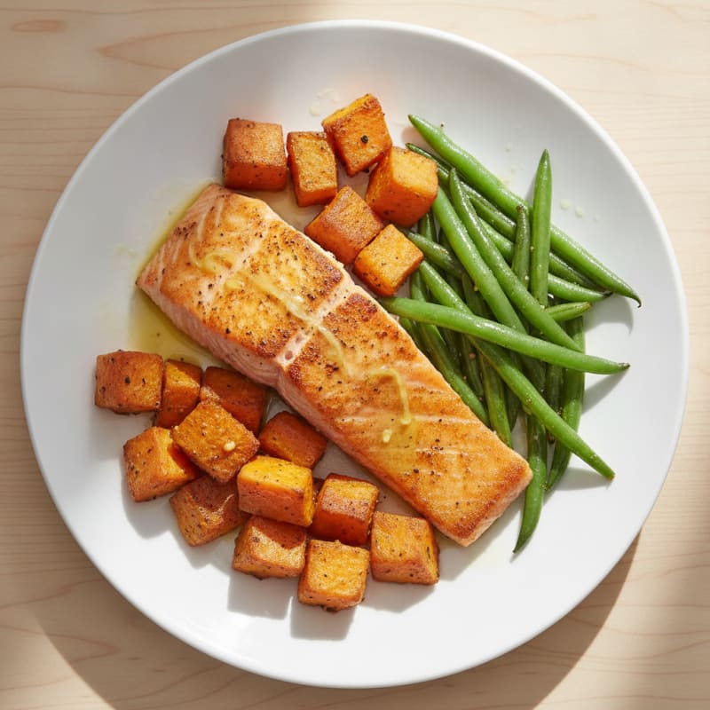 Seared Salmon Fillet with Roasted Sweet Potatoes and Green Beans