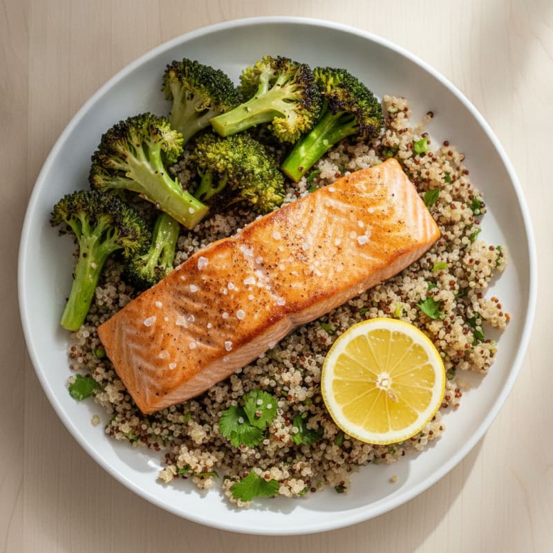Seared Salmon Fillet with Roasted Broccoli and Quinoa