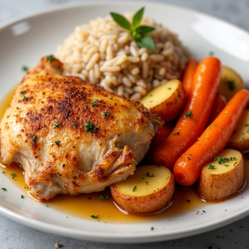 Roasted Chicken with Crispy Potatoes and Carrots, Fluffy Brown Rice