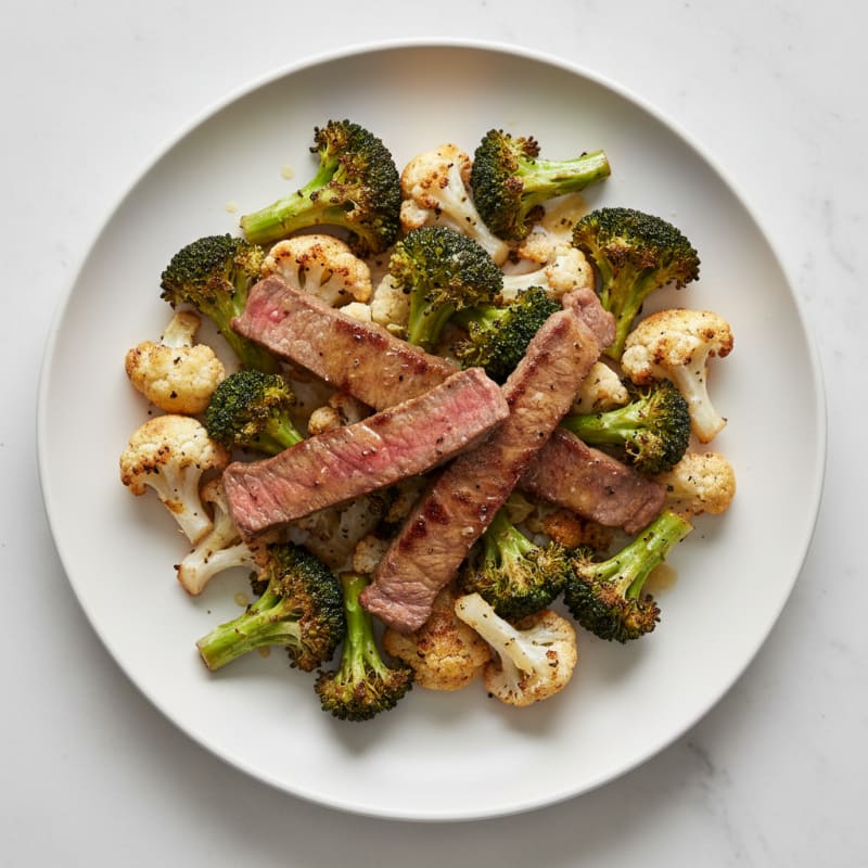 Seared Lean Beef Strips with Roasted Broccoli and Cauliflower