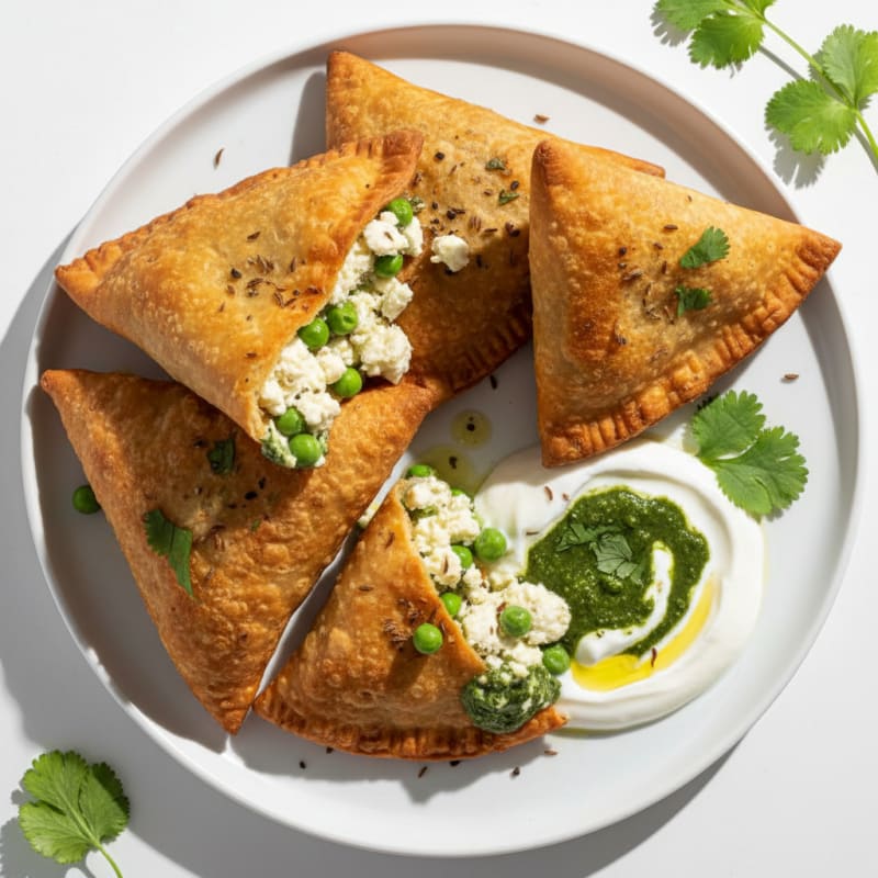 Paneer and Pea Samosas with Cilantro Chutney