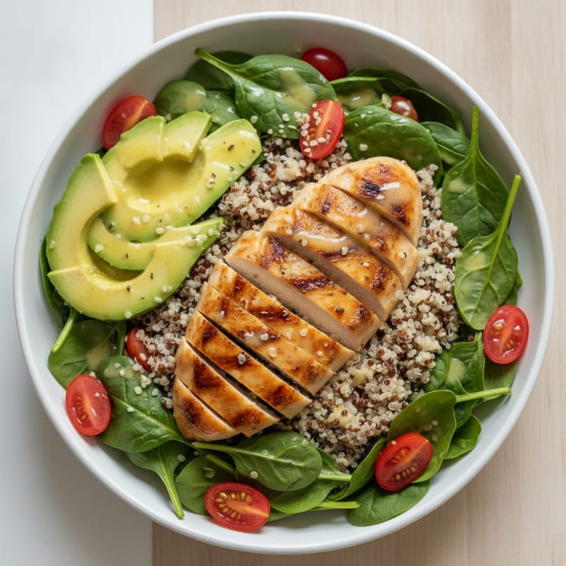 Grilled Chicken and Quinoa Power Bowl with Avocado and Spinach