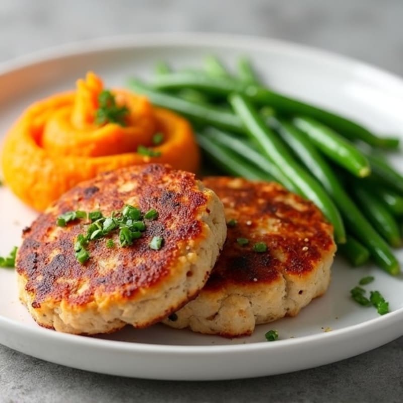 Seared Turkey Patties with Steamed Green Beans and Sweet Potato Mash