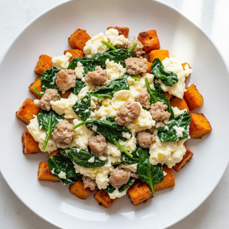 Egg White and Turkey Sausage Scramble with Spinach and Roasted Sweet Potato