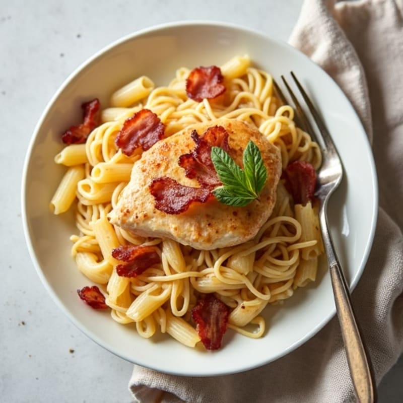 Chicken and Crispy Turkey Bacon Pasta with Creamy Egg Sauce