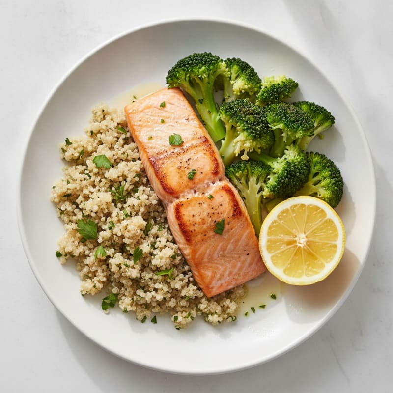 Seared Salmon Filet with Herb-Quinoa and Steamed Broccoli