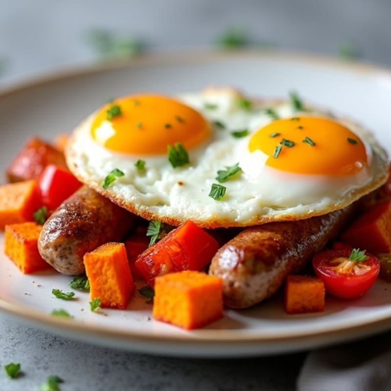 Chicken Sausage and Crispy Sweet Potato Hash with Baked Eggs