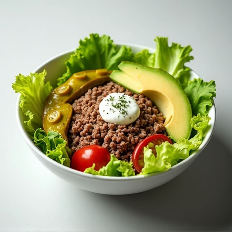 Lean Ground Beef Bowl with Fresh Lettuce, Pickles, and Creamy Tangy Dressing