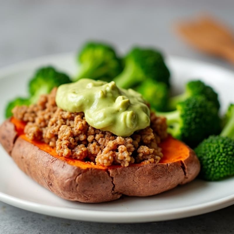 Crispy Baked Sweet Potato with Lean Ground Turkey, Steamed Broccoli, and Creamy Avocado