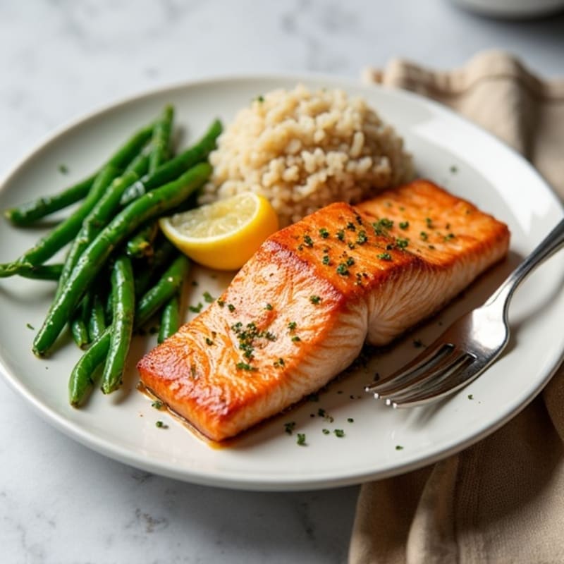 Seared Salmon with Garlic Green Beans and Brown Rice