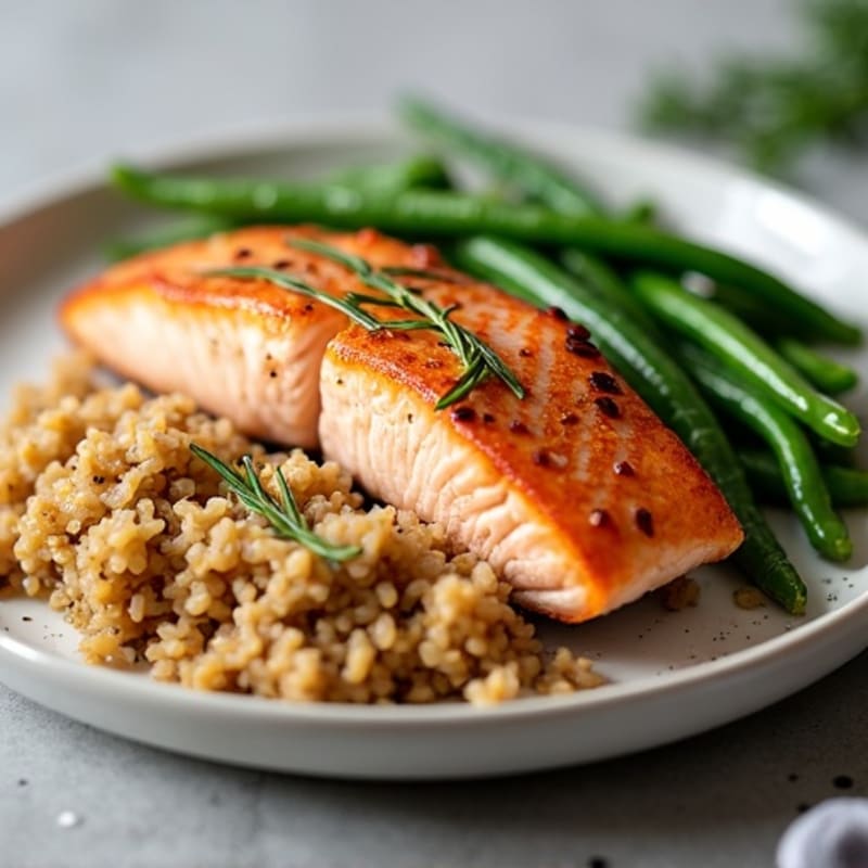 Seared Salmon with Garlic Green Beans and Brown Rice