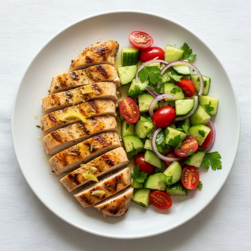 Grilled Chicken Breast with Cucumber Tomato Salad