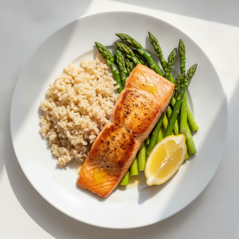 Seared Salmon with Steamed Asparagus and Brown Rice
