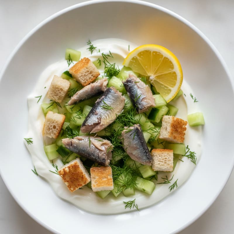 Creamy Greek Yogurt Protein Bowl with Chopped Sardines and Cucumber