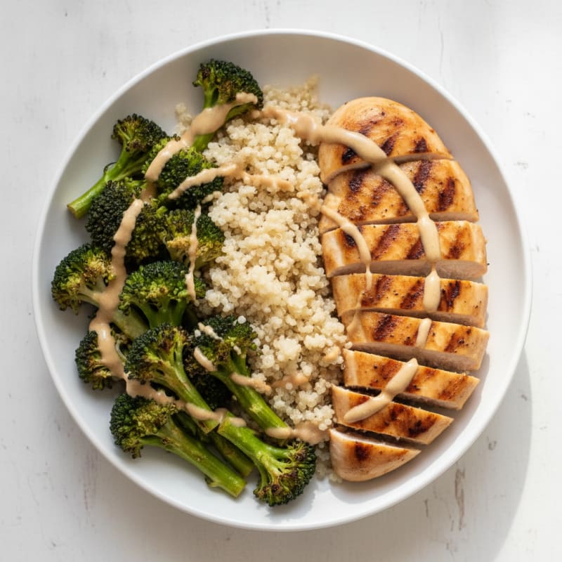 Grilled Chicken and Quinoa Bowl with Roasted Broccoli and Lemon Tahini Drizzle