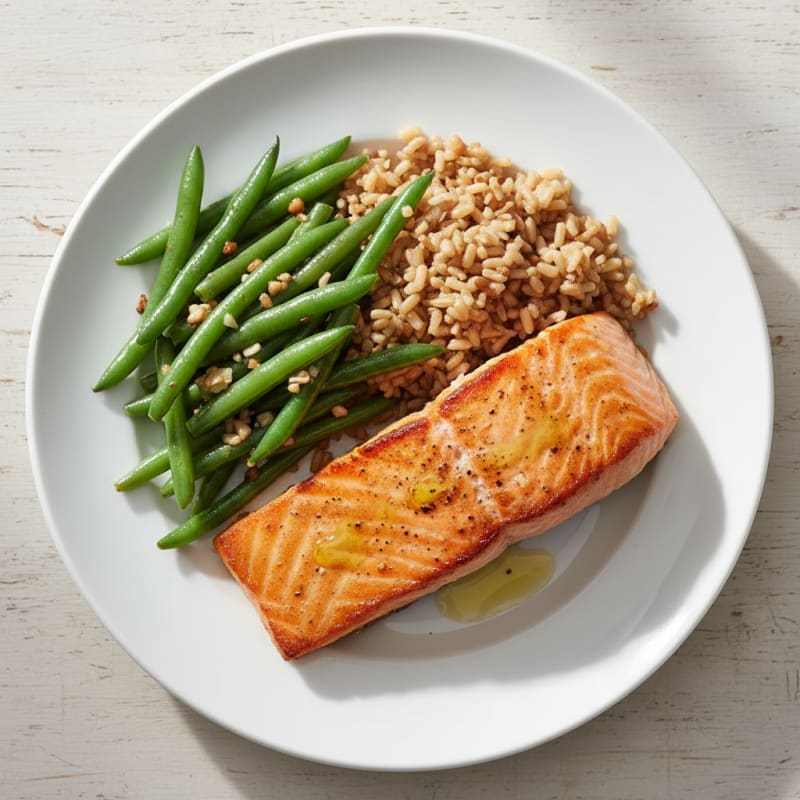 Seared Salmon with Garlic Green Beans and Brown Rice