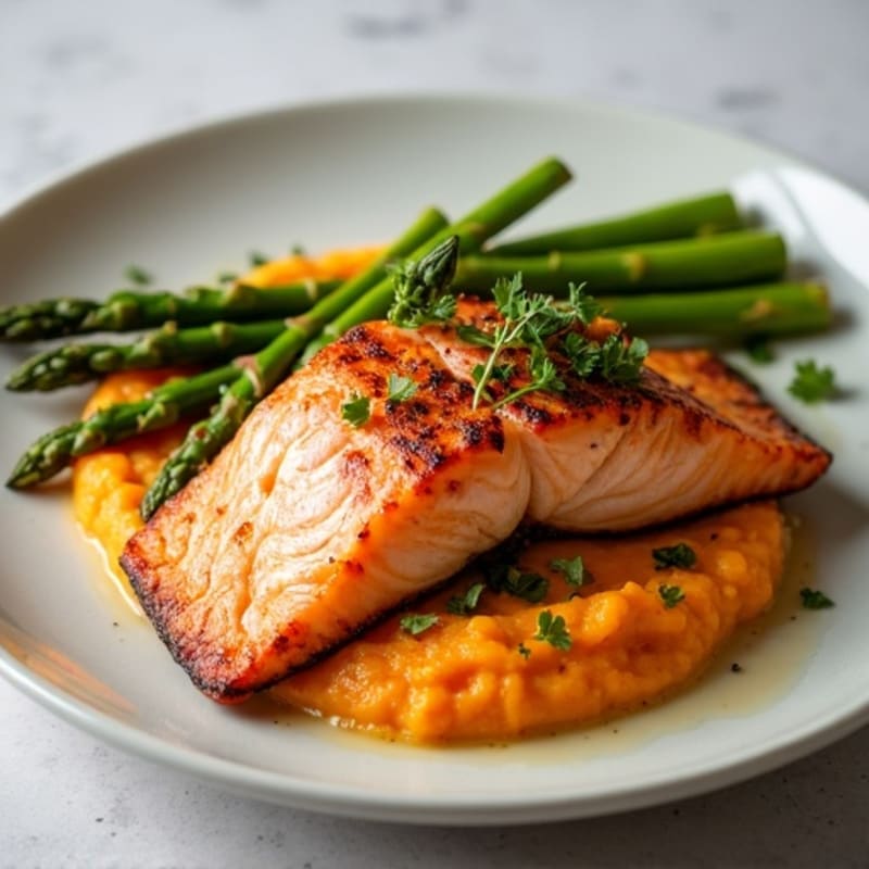 Seared Salmon with Roasted Asparagus and Sweet Potato Mash