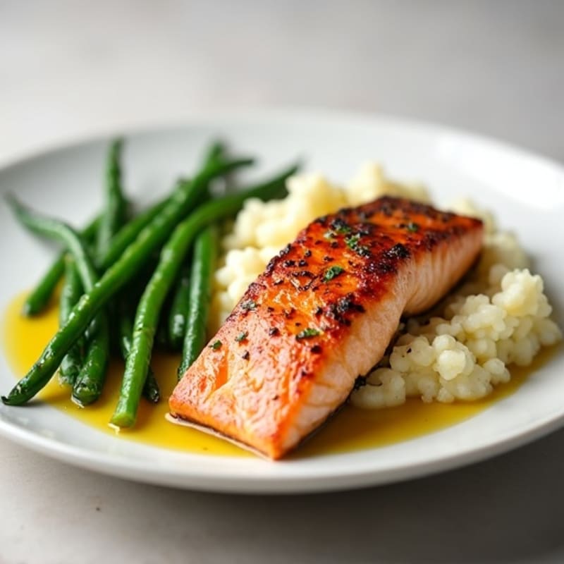 Seared Salmon Fillet with Steamed Green Beans and Garlic Mashed Cauliflower